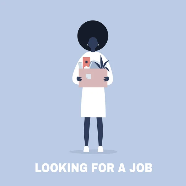Suche nach einem Job. junge schwarze weibliche Figur mit einer Schachtel Fu — Stockvektor