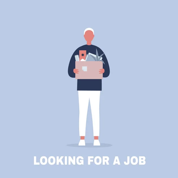 Suche nach einem Job. junge männliche Figur hält eine Schachtel voller — Stockvektor