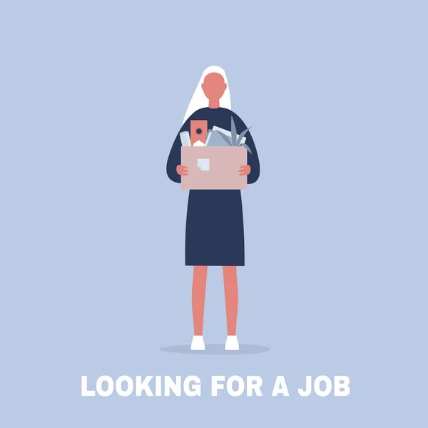 Op zoek naar een baan. Jong vrouwelijk personage met een doos vol — Stockvector