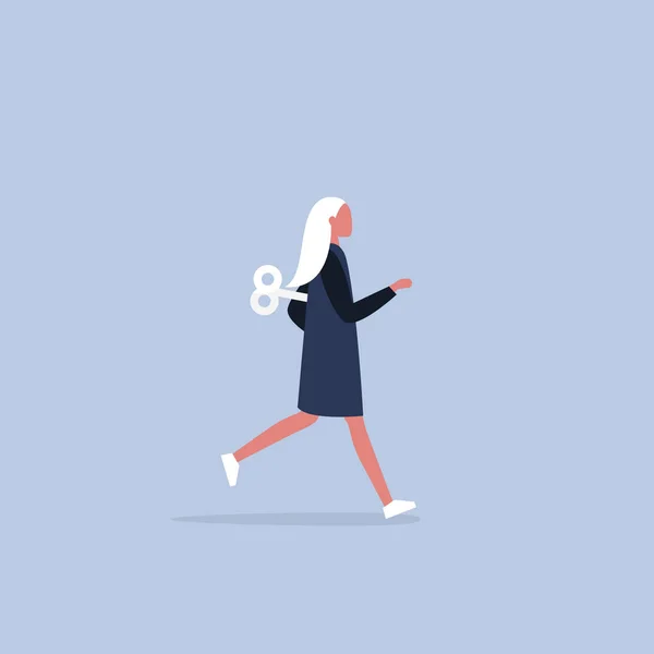 Joven personaje femenino activo corriendo con un mecanismo de relojería — Vector de stock