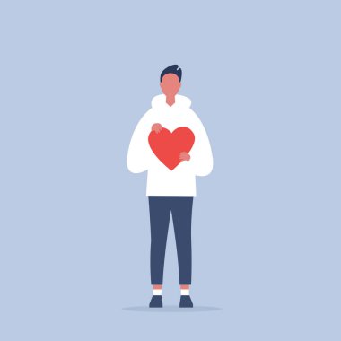 Aziz Sevgililer Günü. Kırmızı bir kalp tutan genç bir karakter. Relat