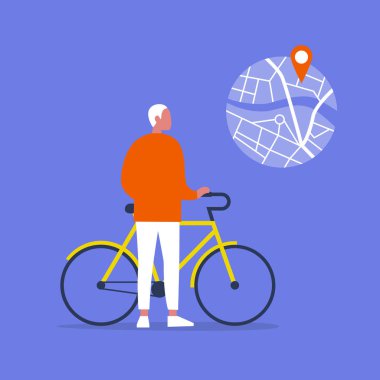 Genç erkek karakter bir bisiklet ile ayakta. Şehir içi ulaşım. Iyileşmek