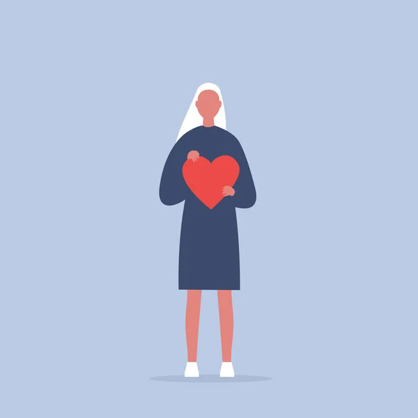 Saint Valentin. Jeune personnage féminin tenant un cœur rouge — Image vectorielle