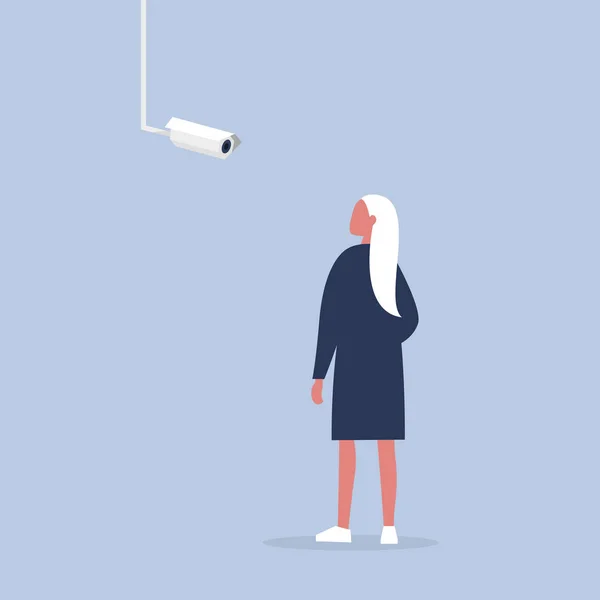 Surveillance. Young female character looking at the CCTV camera. — Stock Vector