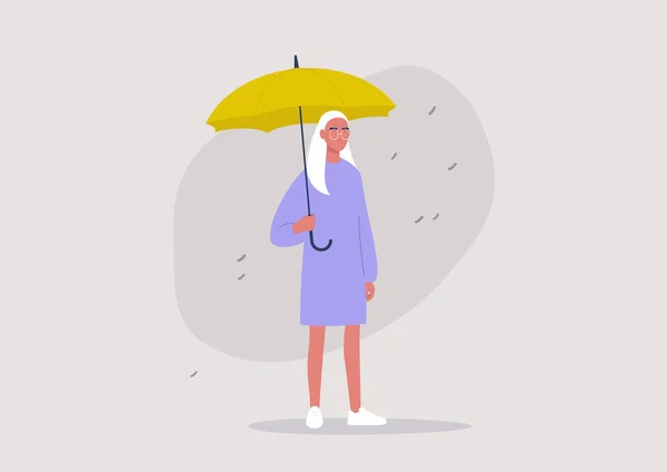 天气预报 一个拿着黄色伞的年轻女性角色 — 图库矢量图片