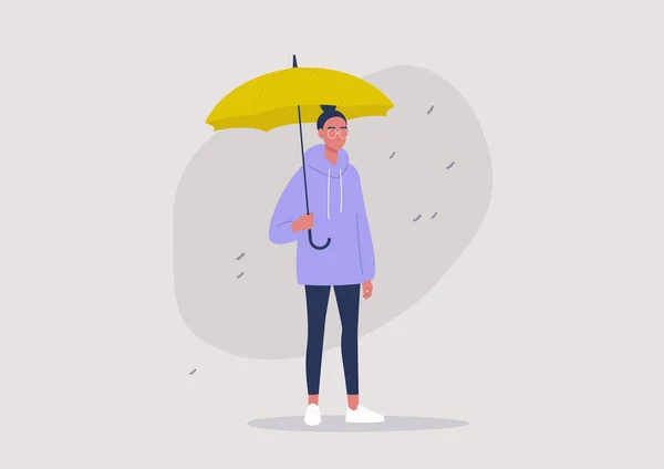 天気予報 黄色の傘を持っている若い女性の文字 — ストックベクタ