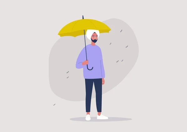 Weather Forecast Rainy Season Young Indian Male Character Holding Yellow — Stock Vector