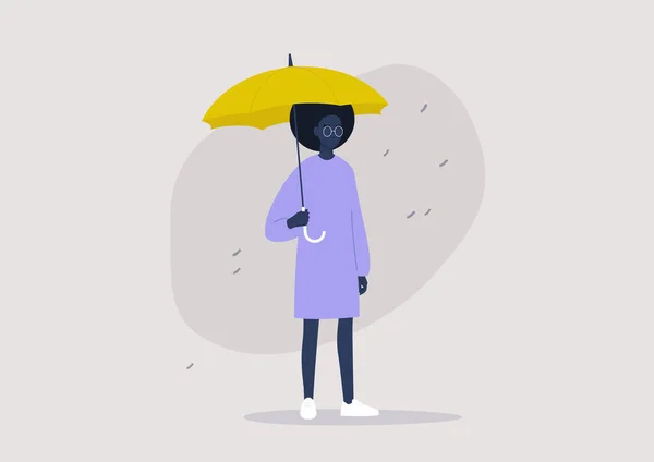 Hava Tahmini Yağmur Mevsimi Sarı Şemsiyeli Genç Siyah Bir Kadın — Stok Vektör