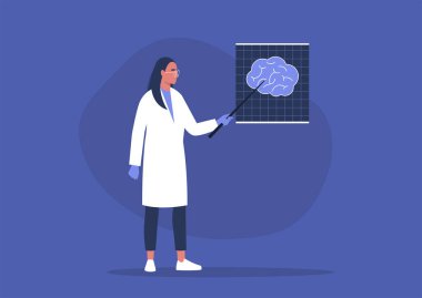 Genç bir kadın doktor insan beyninin röntgen görüntüsünü işaret ediyor, bilişsel bilim.