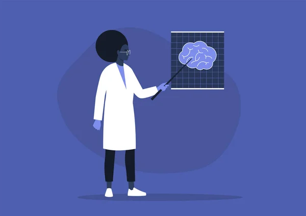 Mladá Černoška Doktorka Ukazující Rentgenový Snímek Lidského Mozku Kognitivní Věda — Stockový vektor