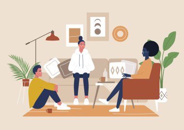 Değişik karakterlerden oluşan bir grup boho tarzı oturma odasında toplanıyor, milenyum tarzı bir yaşam tarzı.