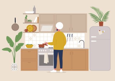 Genç bir Hintli erkek karakter yemek pişiriyor Boho tarzı rahat bir mutfakta, milenyum yaşam tarzı