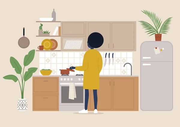Eine Junge Schwarze Weibliche Figur Kocht Essen Der Gemütlichen Küche — Stockvektor