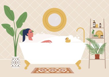 Pençe ayaklı küvette rahat bir kadın karakter, eko dostu boho iç mekan, bitkiler ve cilt bakım ürünleri, milenyum yaşam tarzı
