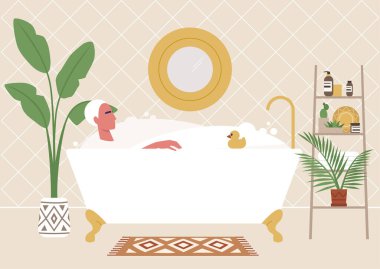 Pençe ayaklı küvette rahat bir genç erkek, eko dostu boho iç döşeme, bitkiler ve cilt bakım ürünleri, bin yıllık yaşam tarzı