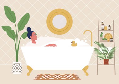 Pençe ayaklı küvette rahat bir kadın karakter, eko dostu boho iç mekan, bitkiler ve cilt bakım ürünleri, milenyum yaşam tarzı