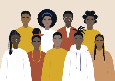 Siyahi insanlar, Afrikalılar, bir araya geldiler, bir grup kadın ve erkek karakter gündelik kıyafetler giydiler ve farklı saç stilleri.
