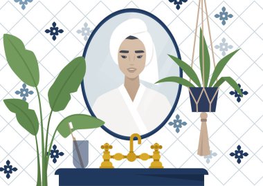 Kafasının kenarına havlu sarılmış genç bir Asyalı erkek karakterin ayna yansıması. Azulejo fayansı, modern banyo iç mimarisi.