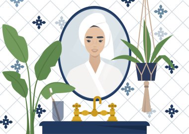 Kafasının kenarına havlu sarılmış genç bir kadın karakterin ayna yansıması. Azulejo fayansı, modern banyo içi.