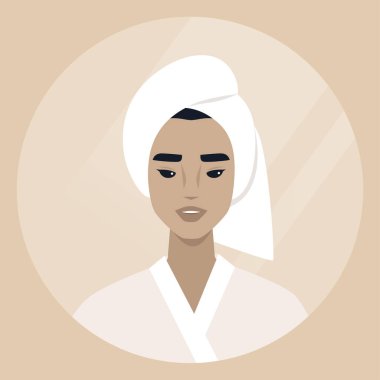 Genç Asyalı erkek karakter kafasının kenarına havlu sarılmış, günlük vücut bakımı rutini.