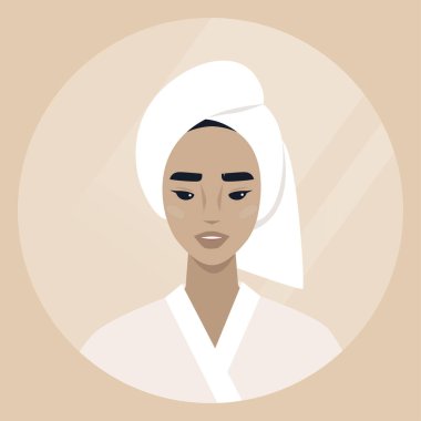 Genç Asyalı kadın karakter kafasının kenarına havlu sarılmış, günlük vücut bakımı rutini.