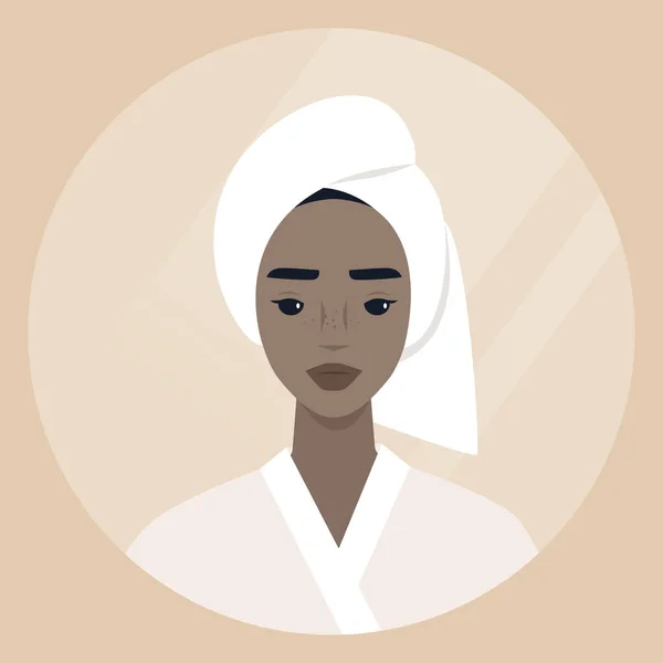 Νεαρή Μαύρη Γυναίκα Χαρακτήρας Φορώντας Μια Πετσέτα Τυλιγμένη Στο Πλάι — Διανυσματικό Αρχείο