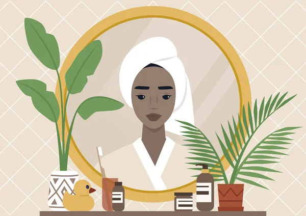 Ein Spiegelbild Eine Junge Schwarze Weibliche Figur Die Ein Handtuch — Stockvektor