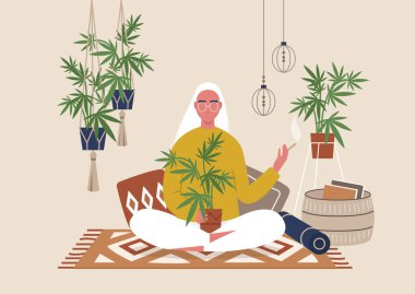 İçerde ot içen genç bir kadın karakter, yastıklı ve bitkilerli rahat bir iç mekan, marihuana ev çiftliği