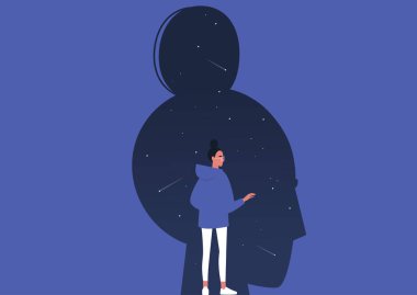 Psikanaliz, genç kadın karakter kendi bilinçaltlarını, karanlık bir siluette yıldızlar ve kuyruklu yıldızları inceliyor.