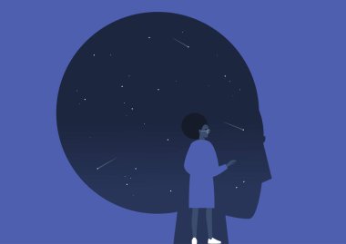 Psikanaliz, genç siyah kadın karakter kendi bilinçaltlarını, karanlık bir siluetin içindeki yıldızları ve kuyruklu yıldızları inceliyor.