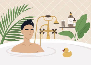 Genç erkek karakter banyo yapıyor, kaliteli mobilyalar, eski moda musluğu, tropikal bitkiler, cilt bakım ürünleri, modern lüks yaşam tarzı.