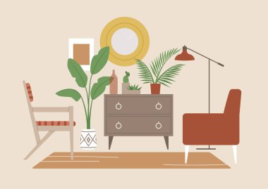 Konforlu boho tarzı oturma odası, insan yok, iç tasarım.