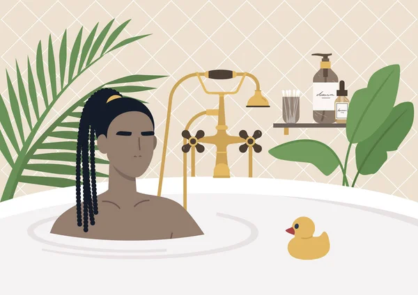 Junge Schwarze Weibliche Figur Beim Baden Wunderschöne Vintage Möbel Goldene — Stockvektor