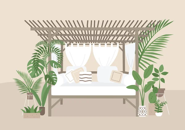 Lit Repos Confortable Avec Rideaux Oreillers Entourés Plantes Jardin Style — Image vectorielle