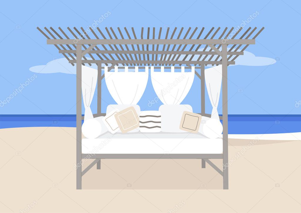 A cozy daybed with curtains and pillows on the beach, outdoor leisure, summertime, sea, ocean view, sun lounger, no people