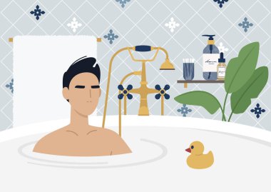Genç erkek karakter banyo yapıyor, kaliteli mobilyalar, eski moda musluğu, tropikal bitkiler, cilt bakım ürünleri, modern lüks yaşam tarzı.