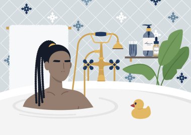 Banyo yapan genç siyah kadın karakter, kaliteli mobilyalar, eski moda musluk, tropikal bitkiler, cilt bakım ürünleri, modern lüks yaşam tarzı.