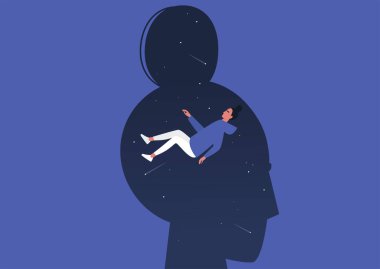 Meditasyon zihni, kendi kafalarının içinde yükselen genç kadın karakteri, psikoterapi ve denge, odaklanma ve meditasyon, psikedelik deneyim