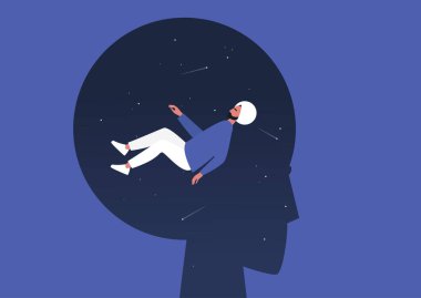 Meditasyon zihni, genç Hintli erkek karakter kafalarının içinde uçuyor, psikoterapi ve denge, odaklanma ve meditasyon, psikedelik deneyim