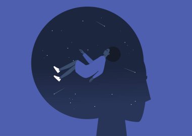 Meditasyon zihni, kendi kafalarının içinde yükselen genç siyah kadın karakter, psikoterapi ve denge, odaklanma ve meditasyon, psikedelik deneyim