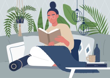 Kitap okuyan genç bir kadın karakter, rahat iç mekan, tropikal bitkiler, yastıklar ve boho tarzı dekoratif öğeler, iç tasarım