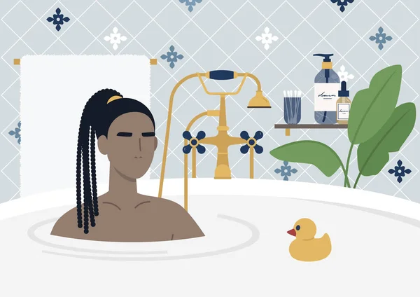 Junge Schwarze Weibliche Figur Beim Baden Wunderschöne Vintage Möbel Goldene — Stockvektor