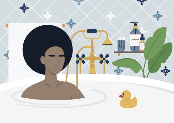 Młody Czarny Charakter Kobiety Biorącej Kąpiel Piękne Meble Vintage Złoty — Wektor stockowy