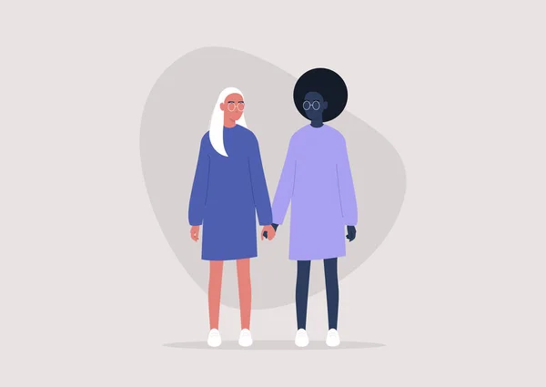 Leszbikus Kapcsolatok Barátság Fiatal Karakterek Egymás Kezét Fogva Gondoskodás Szeretet — Stock Vector