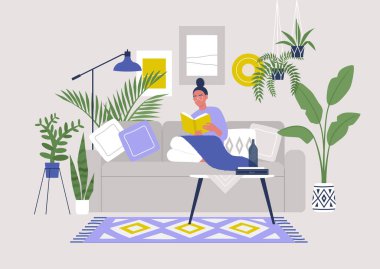 Kanepede oturup kitap okuyan genç bir kadın karakter. Bitkiler ve etnik dekorasyonla iç içe. Evinizde kalın.