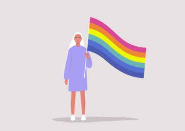 Elinde gökkuşağı bayrağı olan genç bir kadın karakter, Onur Ayı, LGBTQ topluluğu, insan hakları