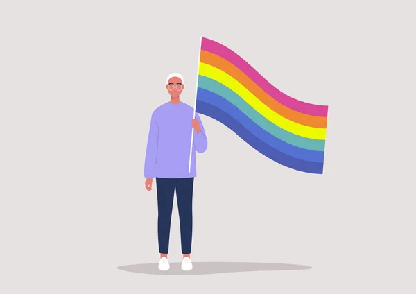 Ung Man Med Regnbågsflagga Pride Month Hbtq Community Mänskliga Rättigheter — Stock vektor
