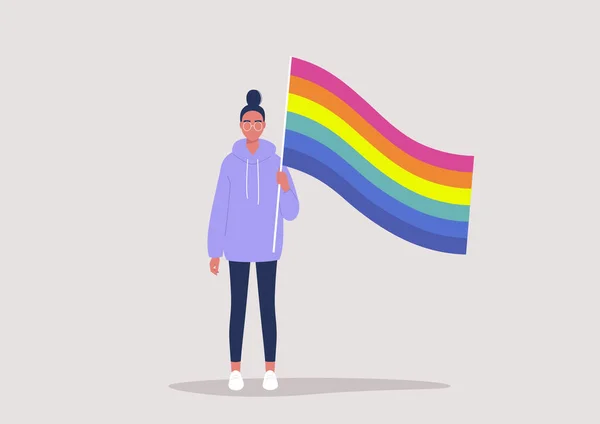 Jonge Vrouw Met Regenboogvlag Trotse Maand Lgbtq Gemeenschap Mensenrechten — Stockvector