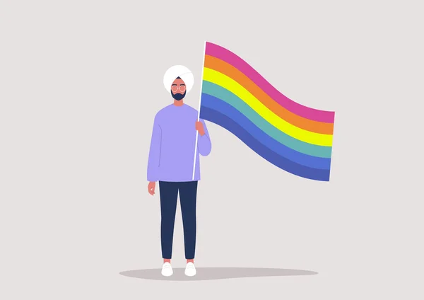 Ung Indiansk Man Med Regnbågsflagga Pride Month Hbtq Community Mänskliga — Stock vektor