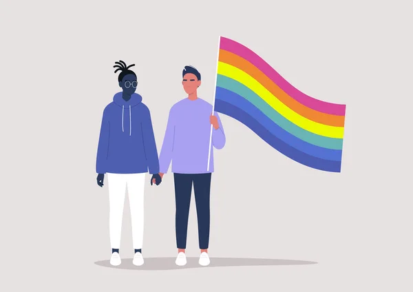 Homoseksüel Bir Çift Ele Tutuşup Gökkuşağı Bayrağı Sallıyor Onur Ayı — Stok Vektör